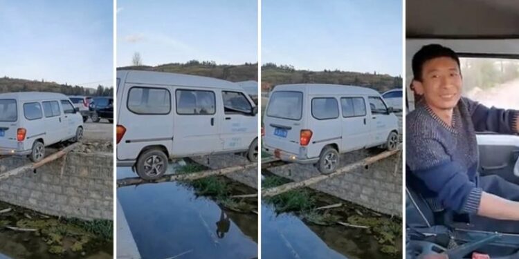 Shoferi kinez kalon lumin me veturë – duke lëvizur mbi dy copa druri